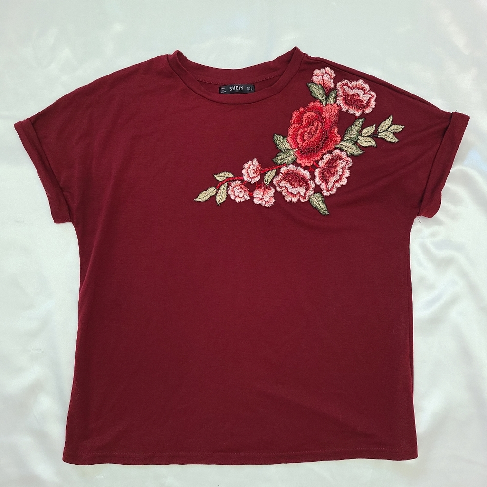 Shein Red Embroidered Floral Shirt - Size Small